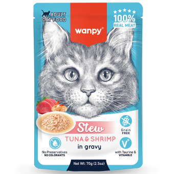 Wanpy Cat Дополнительный консервированный корм пауч для кошек тунец и креветки в собственному соку 70 г (36003)