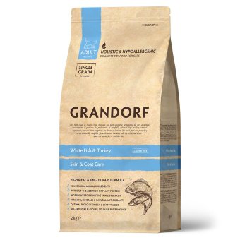 GRANDORF CAT 2кг White Fish Turkey Skin Care белая рыба с индейк забота о коже и шерсти для кошек 