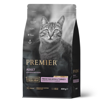 Premier Сat 400гр Свежее филе ЛОСОСЬ с ИНДЕЙКОЙ для кошек
