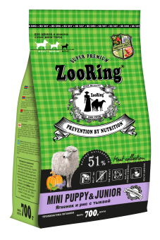 Полнорационный сухой корм для щенков/юниоров собак мини пород ZooRing Mini PuppyJunior Ягненок и рис с тыквой 700 гр.