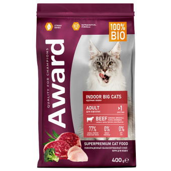 AWARD 400 г Indoor Big cats для вз кошек крупных пород с гов и кур с доб брокколи и юкки Шидигера 