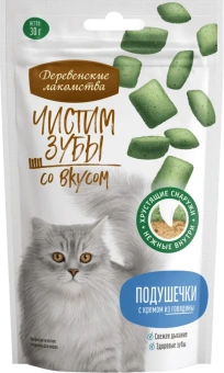 Дерев Лак ЧИСТИМ ЗУБЫ Д/КОШЕК ПОДУШЕЧКИ С КРЕМОМ ИЗ ГОВЯДИНЫ 30г 