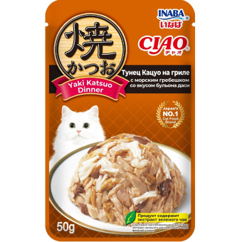 INABA Вл корм д/кошек Yaki Katsuo Dinner Тунец Кацуо на гриле с мор гребеш бульон даси пауч50г Инаба