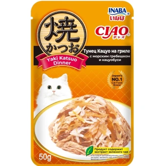 INABA Влаж корм д/кошек Yaki Katsuo Dinner Тунец Кацуо на гриле с морс.греб/кацуобуси пауч 50г Инаба