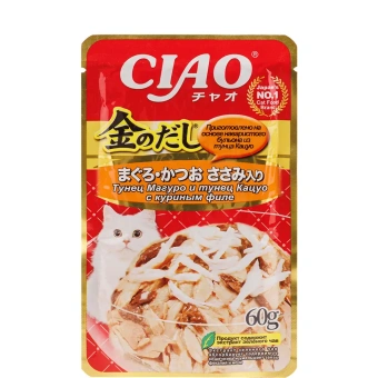 INABA CIAO Корм влажн д/кошек Kinnodashi Тунец Магуро и тунец Кацуо с кур.филе, пауч 60г Инаба RU203